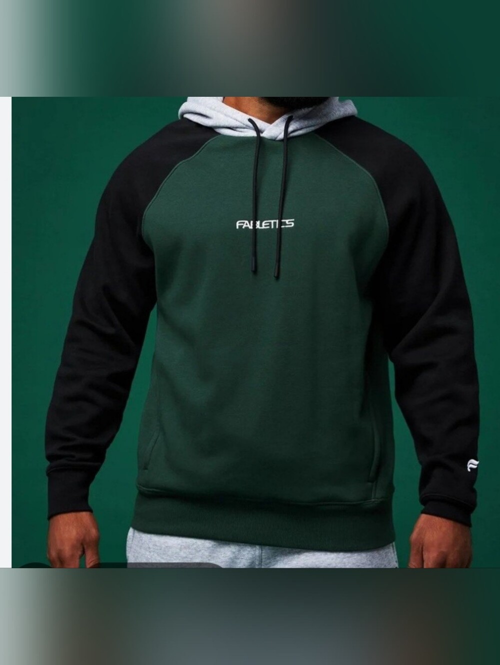 Fabletics Men's Green Body Black Sleeve Pullover with Gray Hood Size M